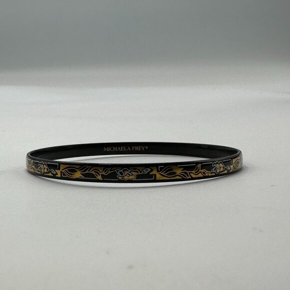 Michaela Frey Vienna Bracelet Black Gold Tone Floral Enamel Bangle 8 Inch - Picture 2 of 9